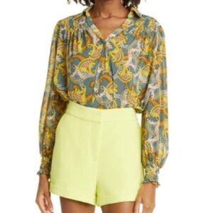 Cinq À Sept Alby Smocked Printed Popover Blouse In Eucalyptus